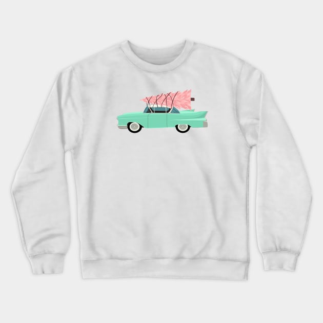 Aqua car with pink Christmas tree Crewneck Sweatshirt by jenblove